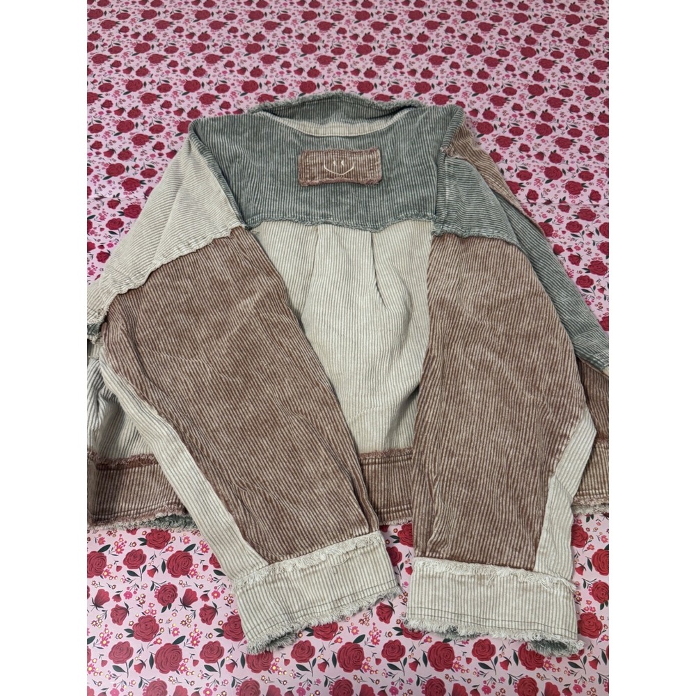 New Patchwork Corduroy Shacket Olive Combo Colorblock Jacket  Medium c3 - Picture 3 of 4